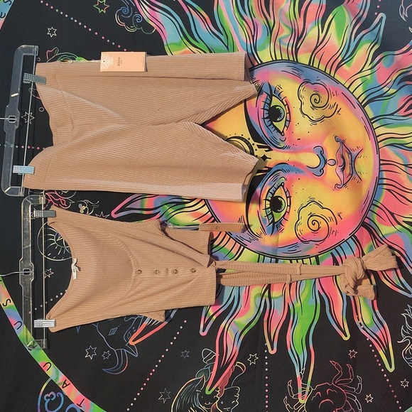 Tan Ribbed Button-Up Two Piece Sets - Picture 2 of 4